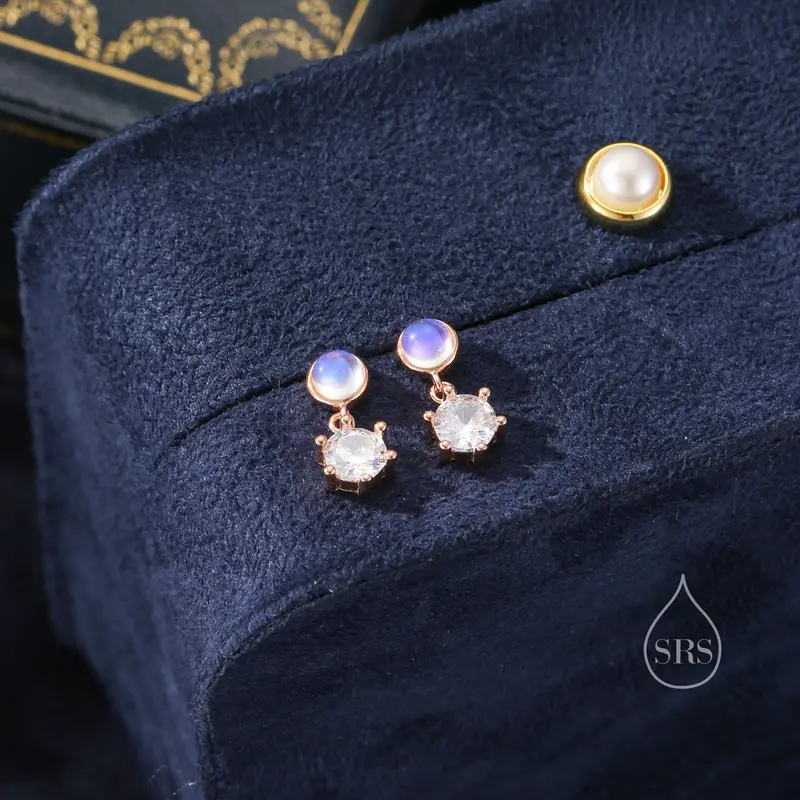 Moonstone and CZ Dangle Stud Earrings in Sterling Silver, Round Moonstone and CZ, Silver or Gold, Two CZ Prong Set Earrings 4