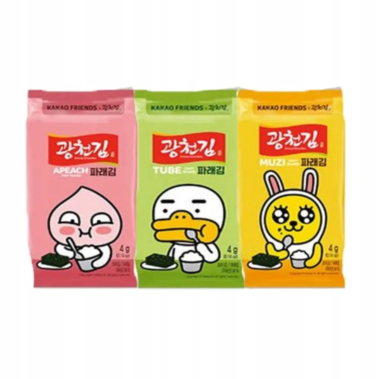 Kakao Friends Crispy Seaweed Snack 3-Pack with Sesame Oil - Apeach, Tube, Muzi Characters - Low-Calorie, Omega-3 Rich - 12g