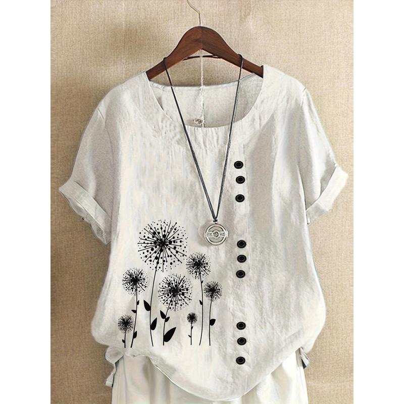 Women's Plus Size Casual Loose-Fit Blend Blouse with Floral Print, Short Sleeve, Round Neck, and Faux Button Details - Soft Green Fabric, Machine Washable, Blouse Shirts Top 2