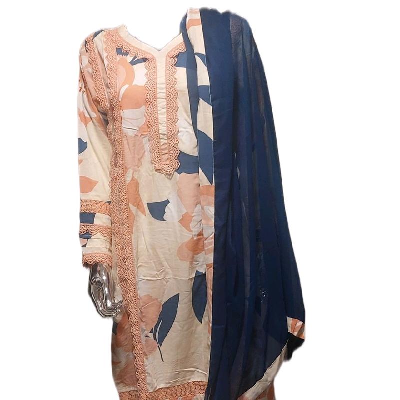 Asian Style 3pc women causal wear. boski lenen fabric and shifoon dupata ivory colour with navy blue dupata. beautiful lace work on shirt and trousers. 1