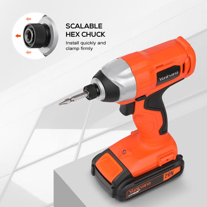 Product Introduction of Rechargeable Impact Driver 20V, Yunirvana Variable Speed (0-2800RPM) Cordless Impact Driver with 6Pcs Screwdriver bits,1.3Ah Battery and Charger，Suitable for Tightening Screws 9