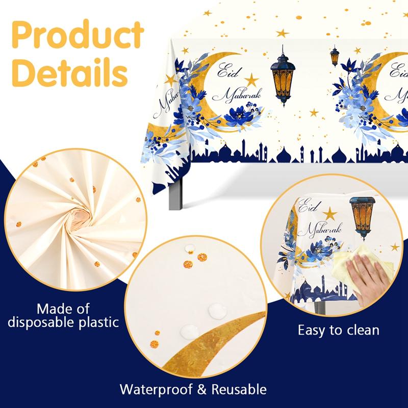 Product Introduction of Eid Mubarak 2  Pcs Star Moon Tablecloth Ramadan Kareem Decor for Home 2025 Islamic Muslim Party Eid Al Adha Supplies Castle Table Cover 3