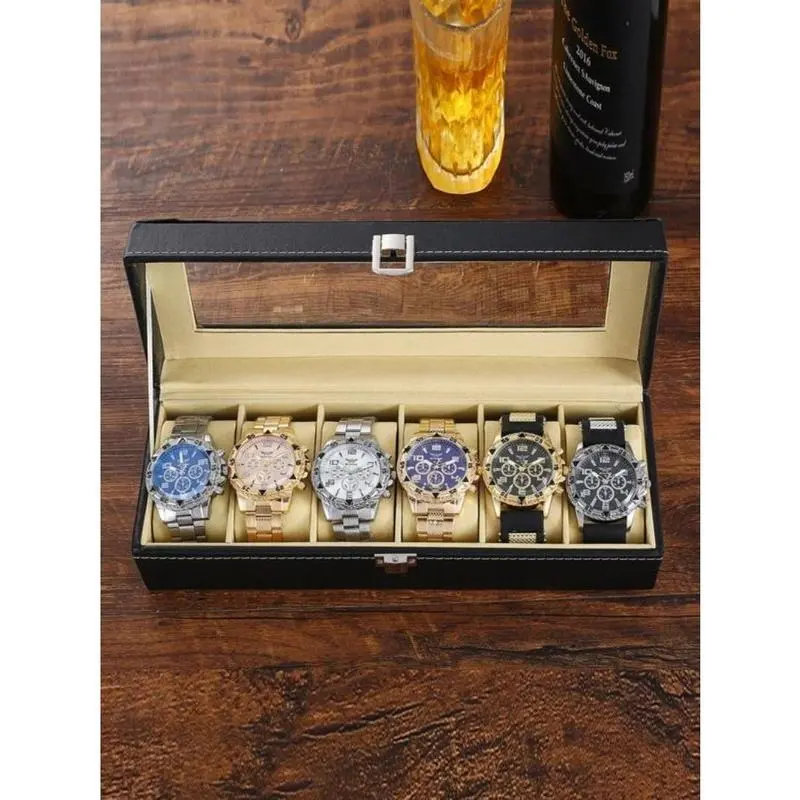 Luxury 6-Slot Watch Box Organizer with Glass Top, Premium Black PU Leather Exterior, Soft Velvet Interior, Square Watch Display Case with Flip-Top Lid for Storage and Showcase Multicolor 5