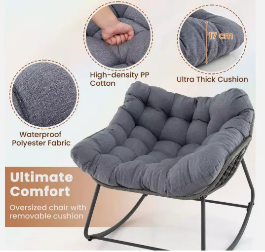 Rocking Egg Chair Oversized Indoor-Outdoor - Comfortable PE Wicker Patio Lounge Chair in Grey 5