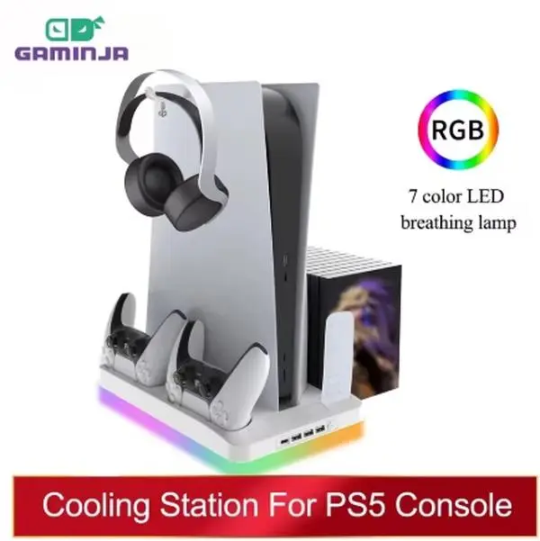 GAMINJA P58 RGB Charging Base Cooling Fan for PS5 Console, Double Slot Controller Charging Base, Fast Charging Slot for PS5 Game Controller, Gaming Accessories