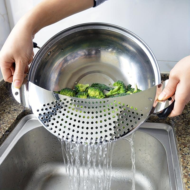 Product Introduction of Stainless Steel Kitchen Strainer with Handle - Vegetable Washing & Draining Tool, Food-Safe, Durable Design for Easy Kitchen Use, Vegetable Washing Tool | Sleek Kitchen Tool | Stainless Steel Strainer, Kitchen Sink Strainer 1