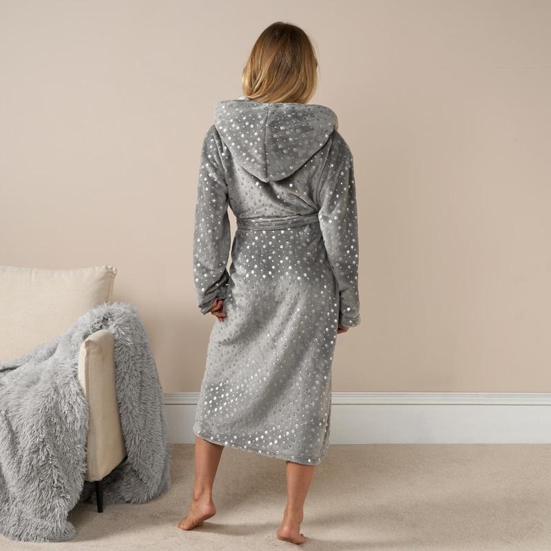 OHS Womens Hearts Stars Foiled Soft Cosy Sherpa Fleece Robe Dressing Gown 6