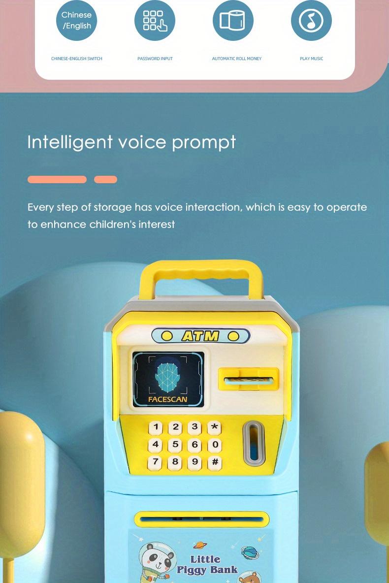 Product Introduction of New Simulated Human Face Recognition ATM Machine Piggy Bank, Children's Multi-functional Music Automatic Money Roll Password Box Intelligent Voice Tips Savings Bank Toys 1