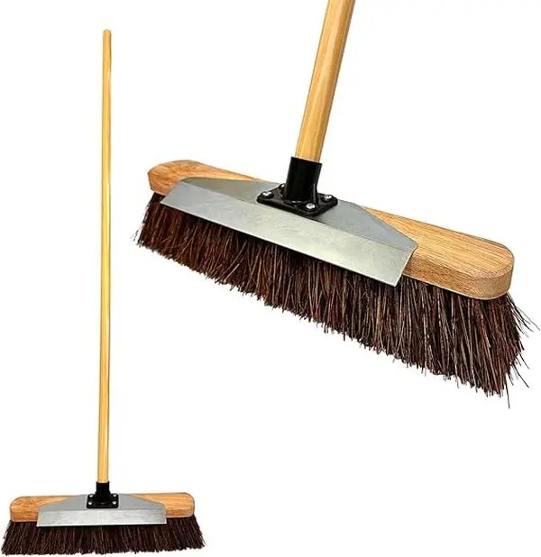 16” Outdoor Garden Broom & Metal Scraper with Wooden Handle Stiff Bassine Hard Bristle Broom with Durable Support Bracket Yard Brush Heavy Duty Broom Outdoor Sweeping Yard Broom (PACK OF 1)