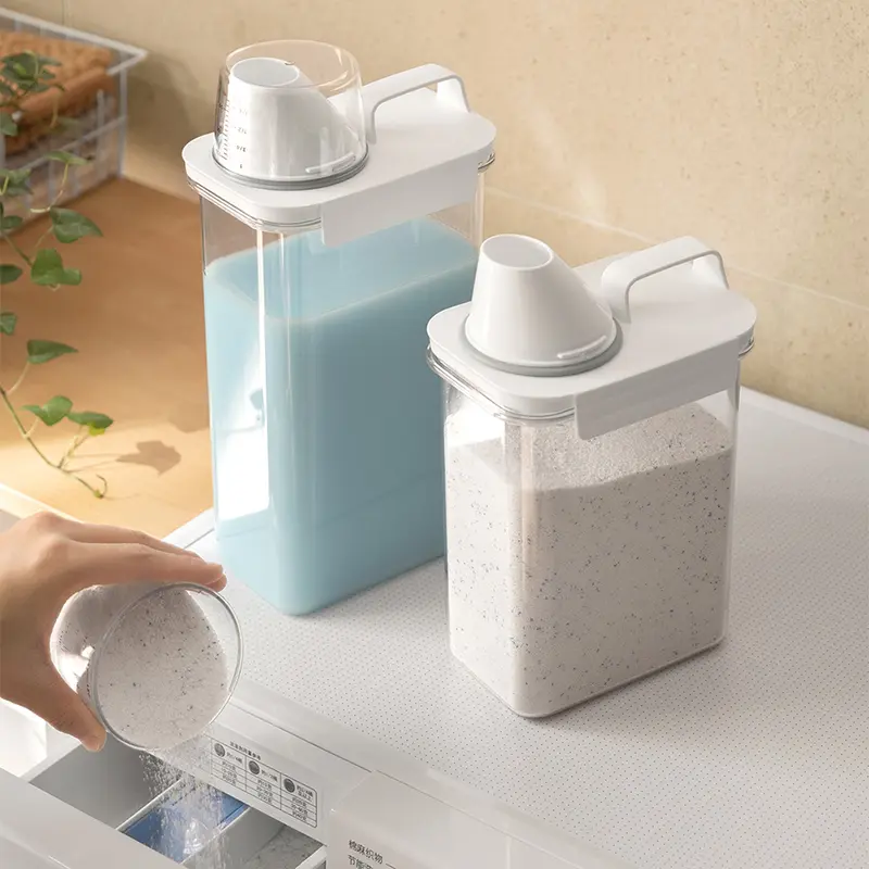 Transparent Simple Detergent Container with Measuring Cup, 1 Count Laundry Detergent Storage Box, Portable Laundry Detergent Dispenser, Household Laundry Accessories, Summer for Gift  Room Organiser 4
