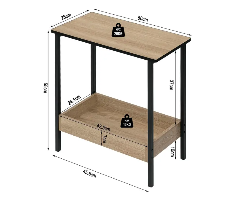 WOLTU Coffee Table, Side Table with 2 Shelves, Bedside Table Easy Assembly, Living Room Table, Small Table with Black Frame and Light Oak Shelves, 50x55x25cm coffee table BTS03hei 1