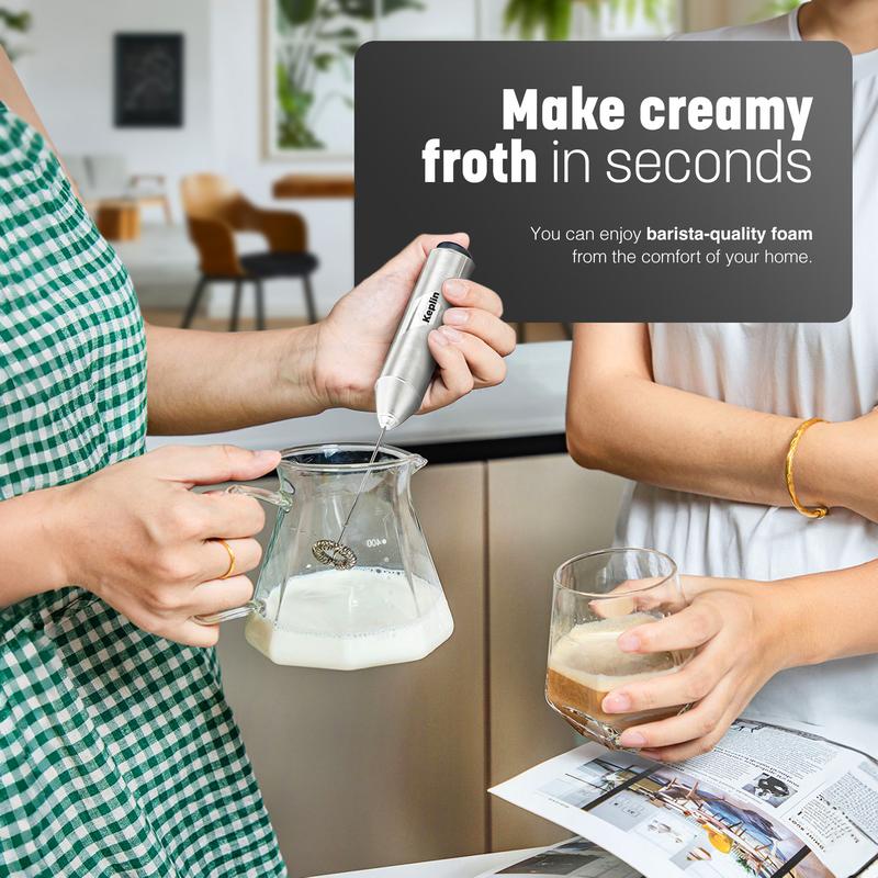 Keplin Handheld Milk Frother - Stainless Steel Electric Whisk - Portable Battery Operated Coffee Stirrer for Lattes, Matcha, Protein Shakes - Ergonomic, Compact, Easy to Clean & Use