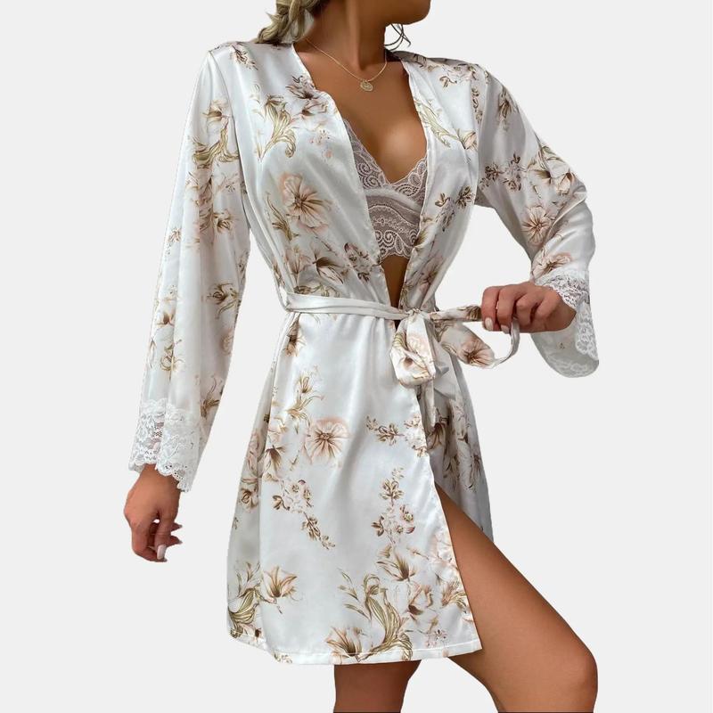 Hot Sale Women's Nightgown, Sexy Lace Cardigan Home Wear, Bathrobe Pajamas Three Sets Loungewear Nightwear 2