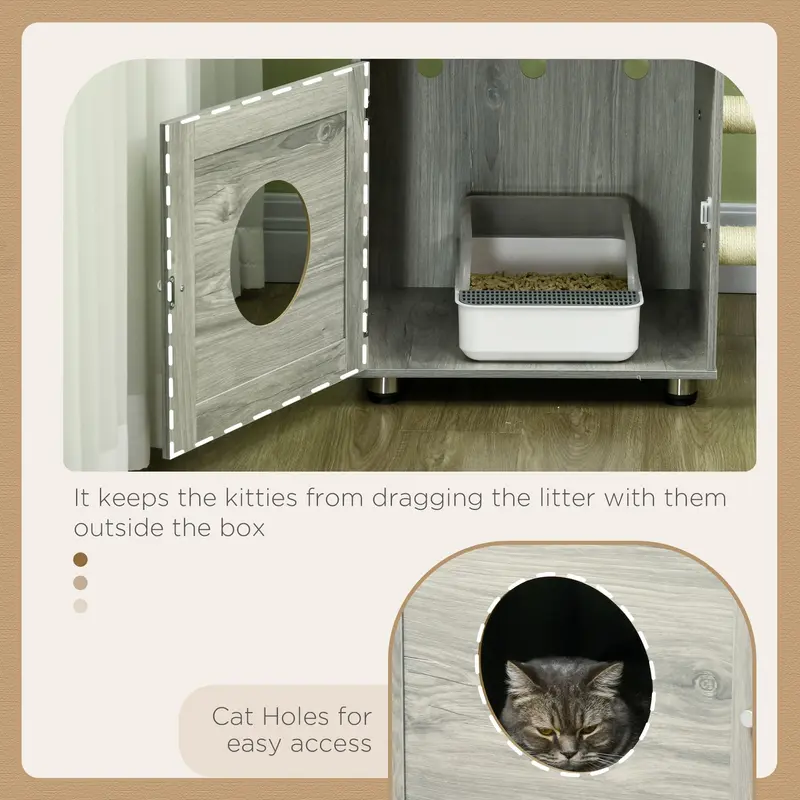 PawHut Enclosed Cat Litter Box with Cat House, Cat Bed, Scratching Posts, Platforms, for Indoor Cats - Grey 6