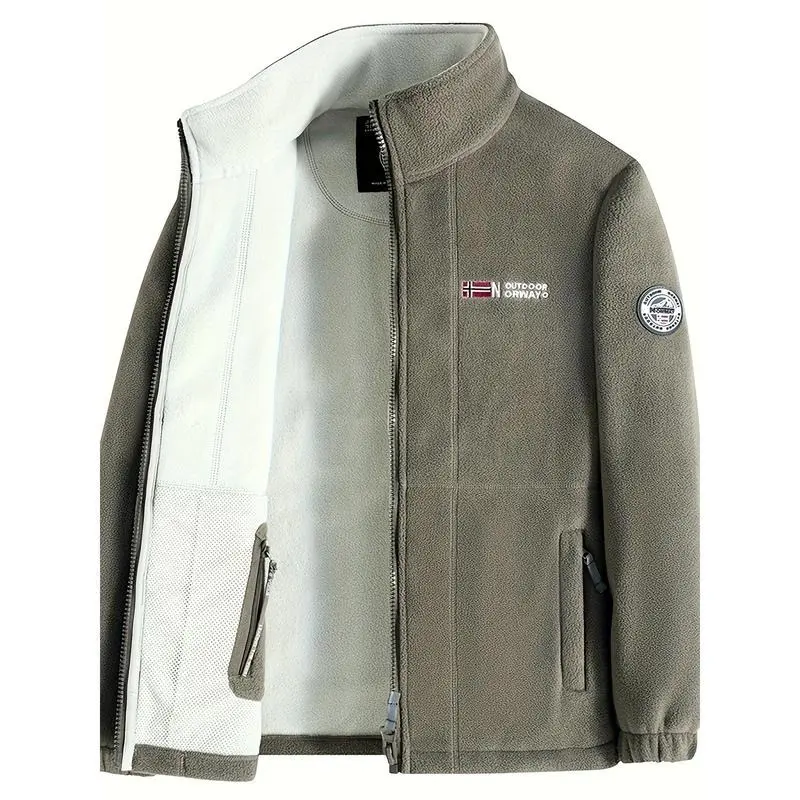 1pc Men'S Casual Polyester Fleece Jacket with Embroidery - Stand Collar, Long Sleeve, Zipper Placket, Knit Fabric Hoodie for Fall/Winter - Warm, Slight Stretch Outerwear, Thick