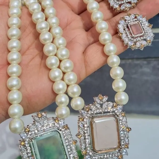 Pearl zirconia mala set with studs Auspicious MJB05 4