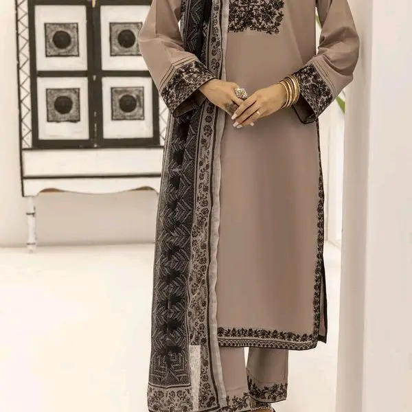 Brown 3pc embroidered chiffon lawn dresses with Printed Dupatta Cotton Embroidery Womenswear 1