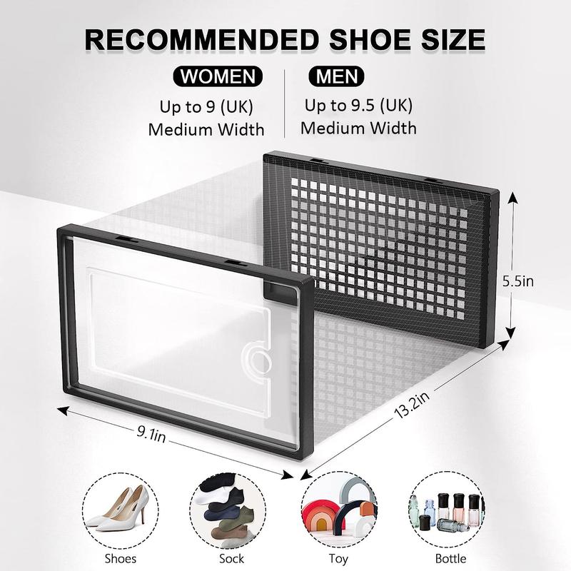 Shoe Storage Box, 12 Pack Clear Transparent Shoe Storage Boxes Hard Plastic Stackable Organiser Containers Bins, DIY Easy Assembly, Sturdy & Durable, Space Saving, Grey Door Frame 7