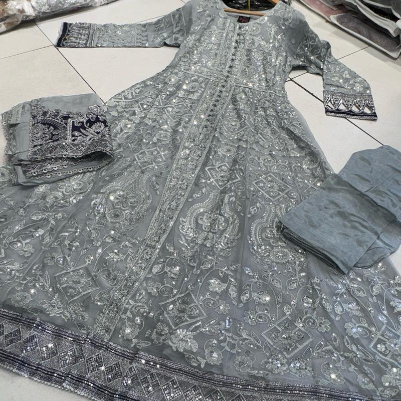 Silver/Grey JASMIN Long dress suit 3 piece Pakistani embroidered chiffon duppatta wedding edt S-XL Womenswear 9