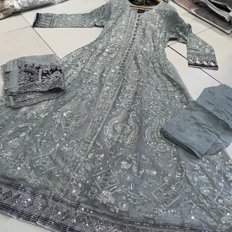 Silver/Grey JASMIN Long dress suit 3 piece Pakistani embroidered chiffon duppatta wedding edt S-XL Womenswear 8