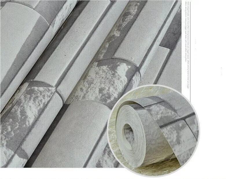 3D Effect Grey Brick Wallpaper Wall Shimmer Tones Effect Faux Metallic Feature 1
