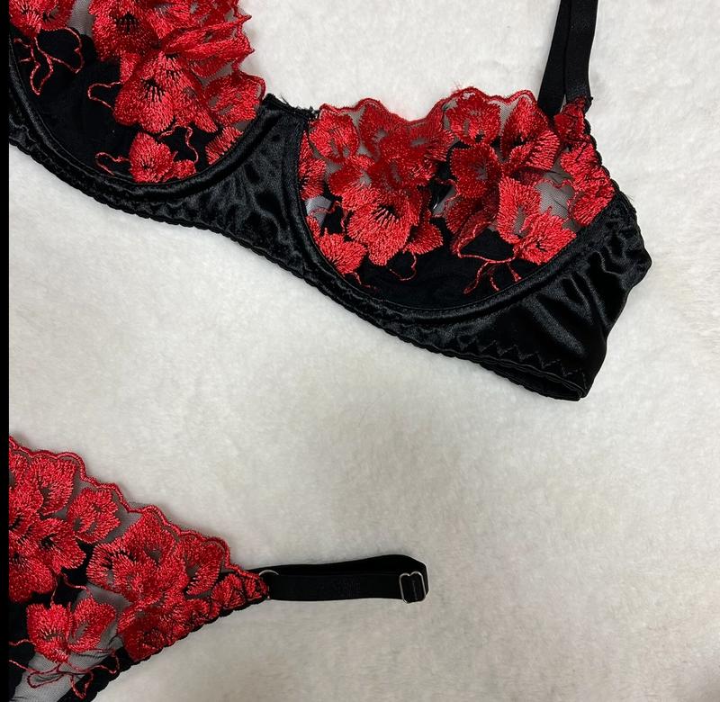 Liliosa Lingerie Elegant Floral Embroidery Silky Satin Red & Black Sexy Lingerie Set (Clasp Bra+Adjustable Panty), Adjustable Spaghetti Straps, Elegance Bralettes Bra Comfort Thin Thong , Comfortable  Contrast Mesh Sheer Womenswear Underwear Fabric Fit 2