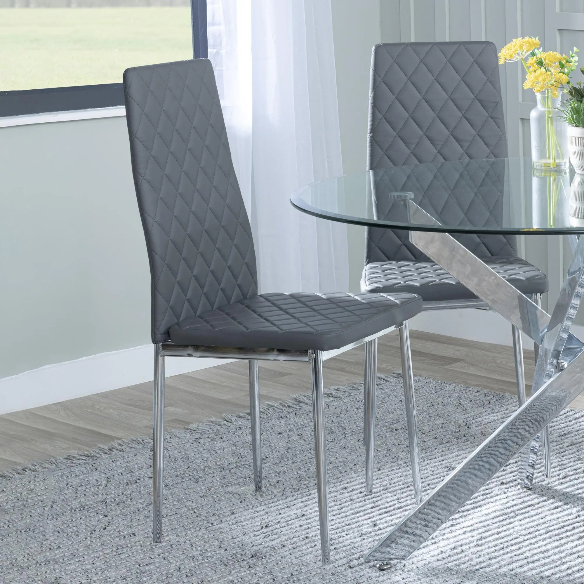 Set of 2 Metro Dining Chairs in Grey Colour Leather and Chrome Metal Legs room