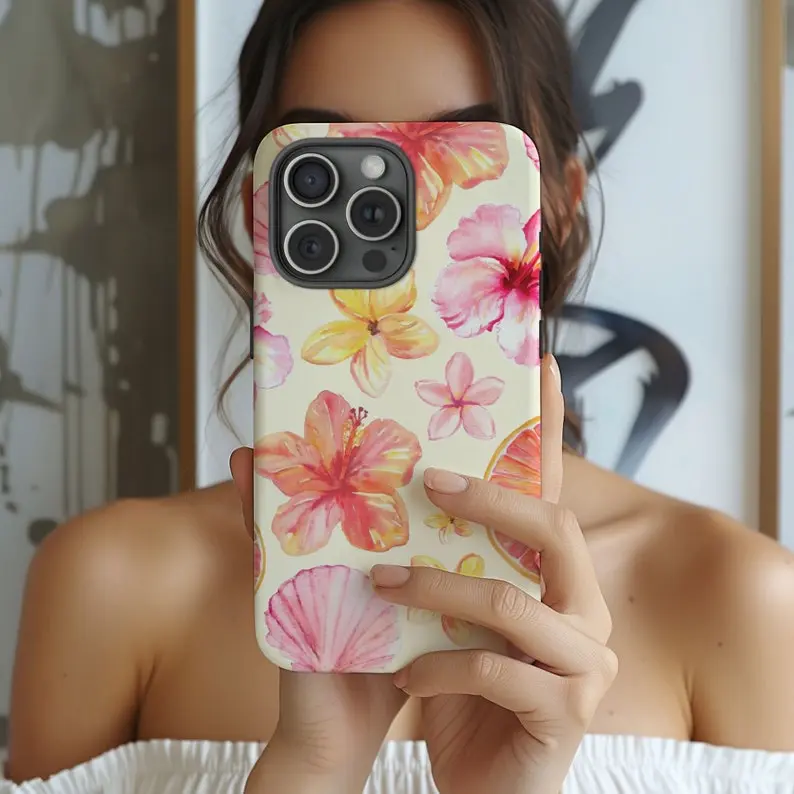 Cute Hibiscus Seashell Phone Case Trendy Summer Pastel Floral Print Cute Girly Aesthetic iPhone 16 15 14 13 12 11 8 7 Pro Max Plus X