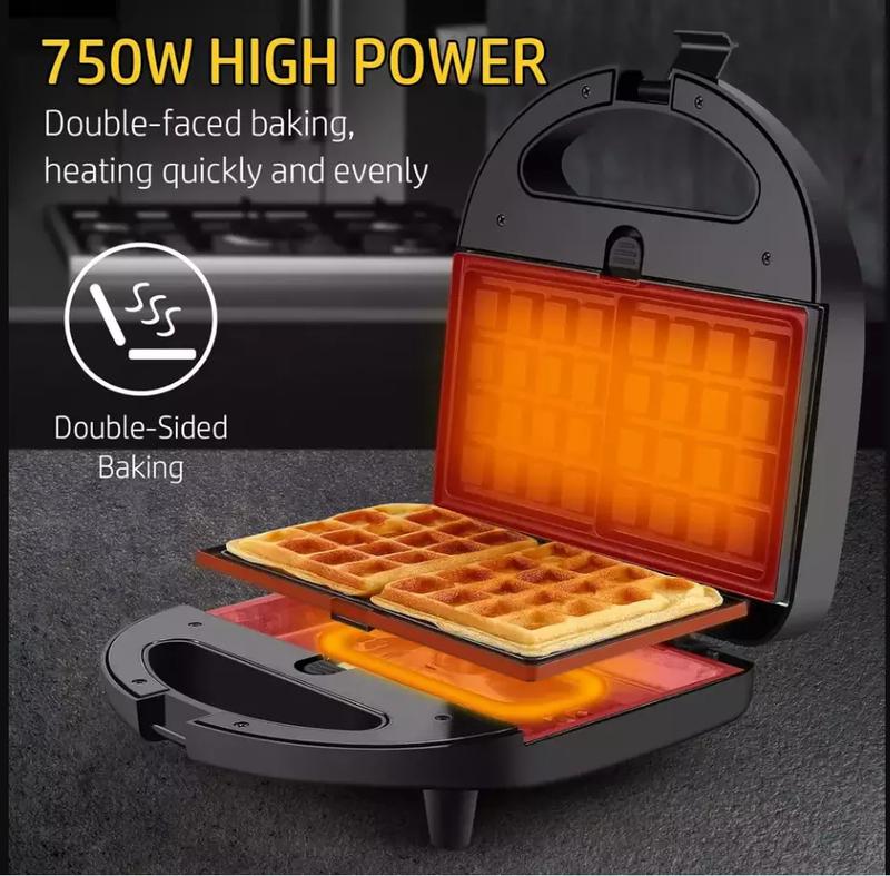 3-in-1, SANDWICH TOASTER WAFFLE MAKER IRON TOAST PANINI PRESS NON-STICK Interchangeable Non-Stick Cooking Plates, Waffle, Panini Press, Snack Maker, Toastie Sandwich Toaster, LED Indicator Lights, 750 W, Black 3