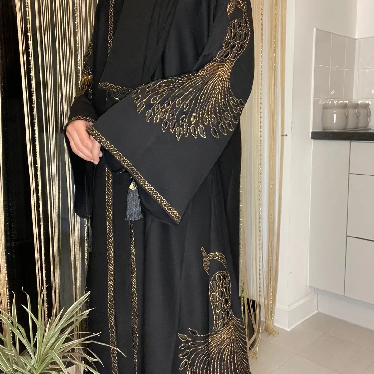 Peacock zoom fabric, open jacket style. Abaya,
