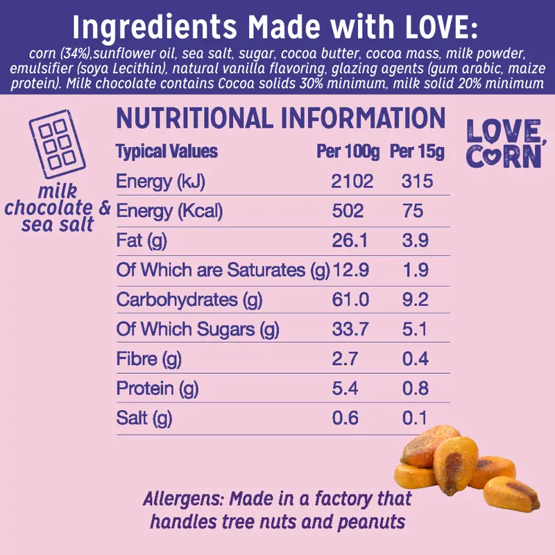 LOVE CORN Milk Chocolate & Sea Salt Crunchy Corn Snack 15g x 30 Bags – Chocolate Multipack Snacks Ideal for Gluten Free Diets – Chocolate Gift – Perfect To Graze On 4