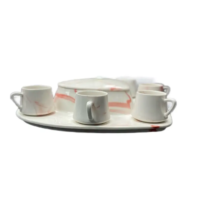 6PCS Ceramic Red Marble Effect Coffee Set 4
