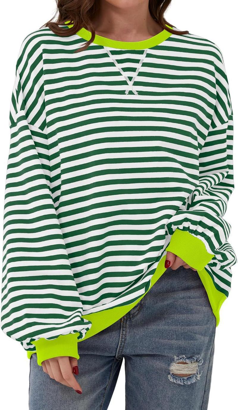 Product Introduction of Women's Colorblock Striped Print Contrast Binding Drop Shoulder Sweatshirt, Casual Long Sleeve Round Neck Pullover for Fall & Winter, Ladies Clothes for Daily Wear, Tops for Women Womenswear Hoodie Bridal Comfort Crewneck Baggy Loose 3