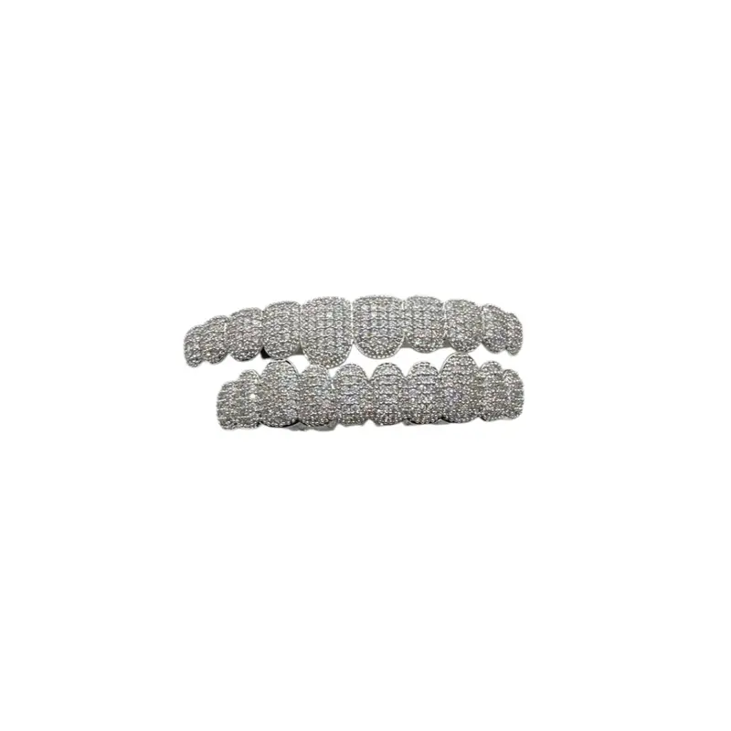 Silver Teeth Grills Set with CZ Diamonds Cubic Zirconia Gems Unisex 0