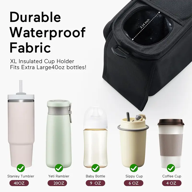 Baby Pushchair Organiser with 2 Insulated Cup Holders and Large Capacity for Baby Essentials-Convenient Compact Design Fits Any Pram Handlebar. Universal Stroller Organizer with Insulated Cup Holder Detachable Phone Bag Shoulder Strap. 4