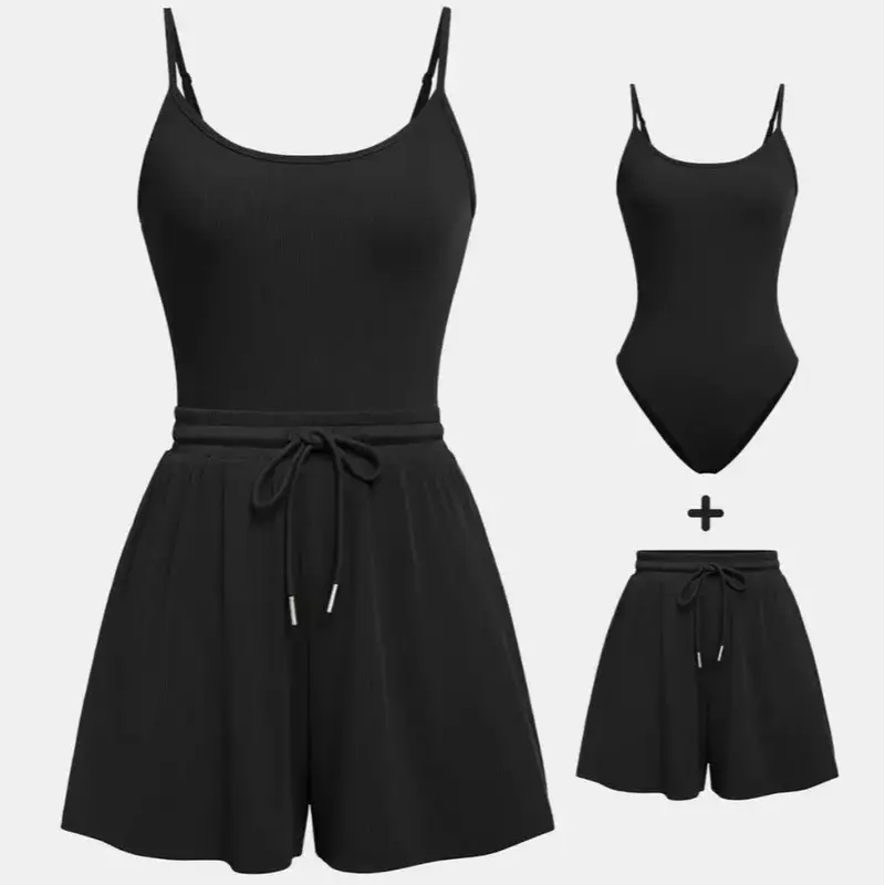 Women Abjustable Strap Cami Bodysuit & Drawstring Wide Leg Shorts Set, Casual Round Neck Sphaghetti Strap Bodysuit &Elastik Shorts Set, Back to School Womens Wear for Summer, Travel Adjustable Comfort 3