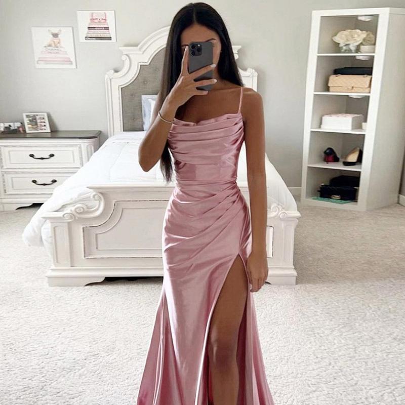 Product Introduction of Summer Women's Sexy Vintage Tulle Long Dress  Spaghetti Strap Satin Pleated Low-cut V Neck High Split dress Party Gown Ball 2