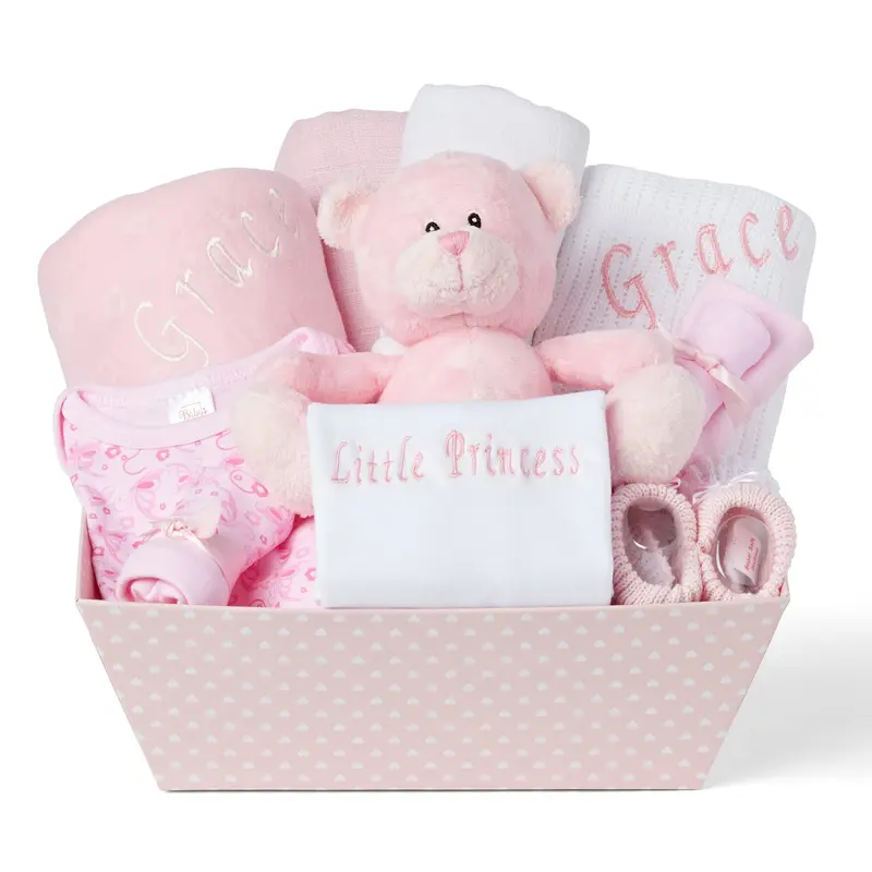 Baby Box Shop Personalised Baby Gift Set - 12 Baby Girl Essentials with 3 Personalised Baby Girl Gifts - Baby Girl Gifts, Newborn Baby Girl Hamper Basket Gifts with Personalised Baby Blankets, Pink 0
