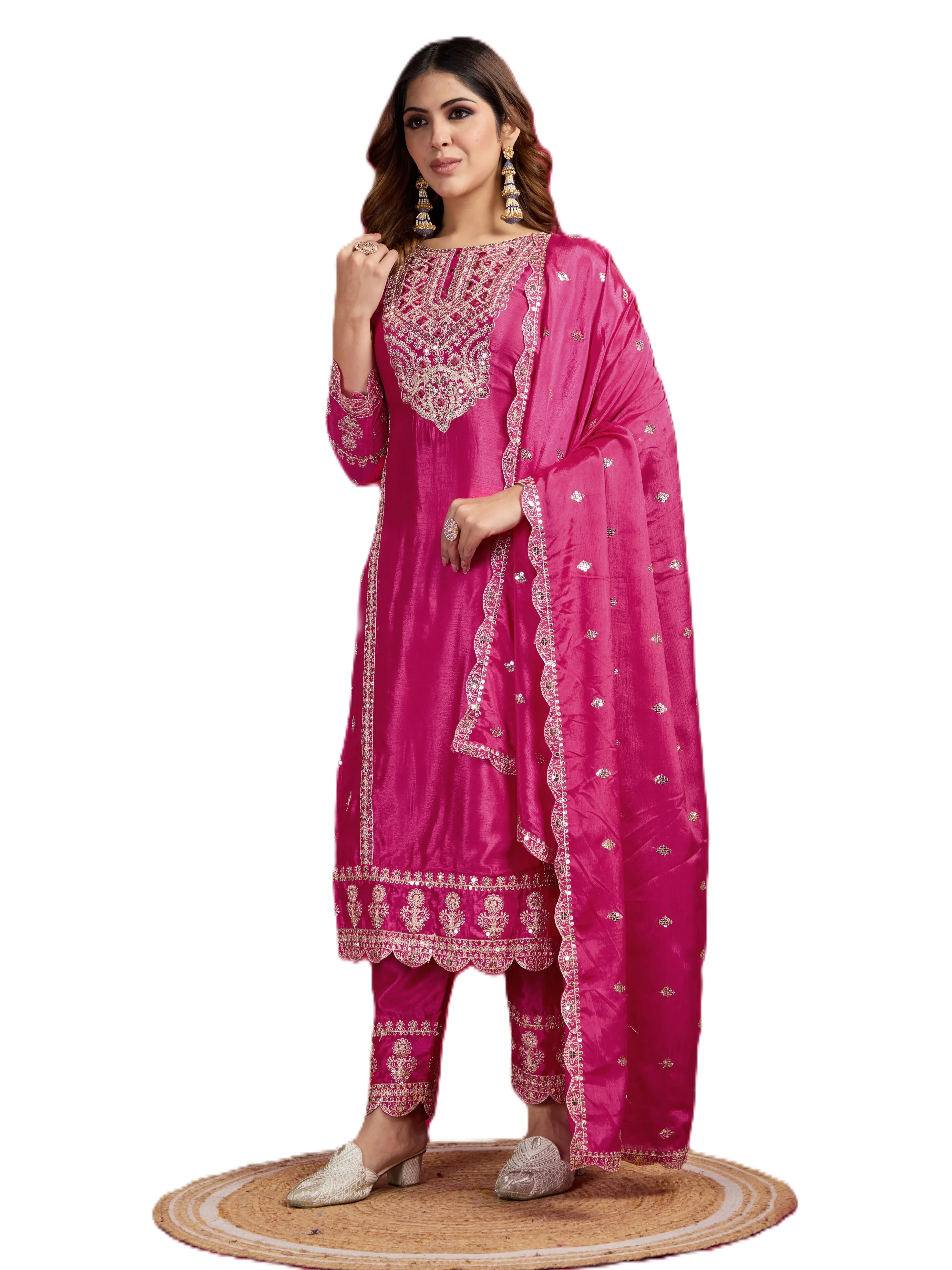 New Designer Pink Heavy Chinnon Silk Suit/Dress with Embroidery Coding-Sequence Work and Full Sleeves - Top, Dupatta Cotton Fabric Traditional Womenswear Comfort Party