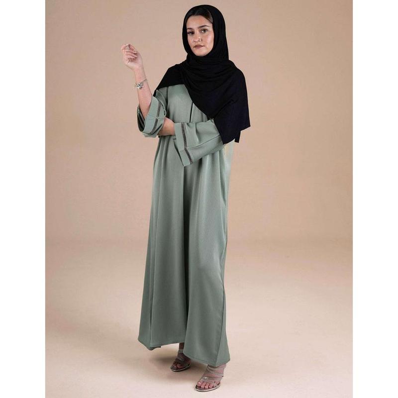 Mint Green Closed Abaya with Silver Sleeve Detail 2