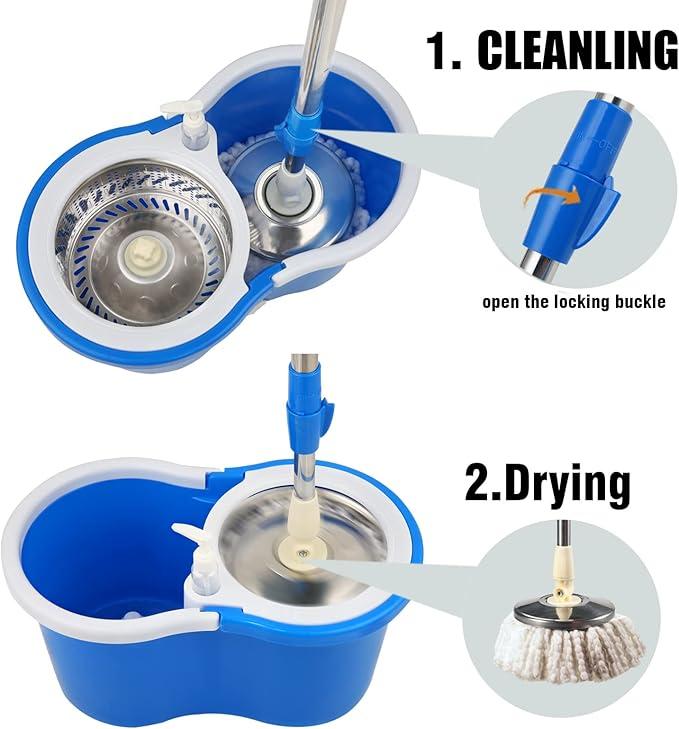 Spin Mop and Bucket with Wringer Set, 360° Spinning System, 3 Microfiber Mop Heads, 61" Stainless Steel Handle for Floor Cleaning Adjustable Pet 4