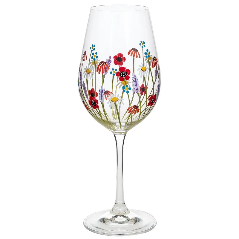 Shudehill Giftware Hand Painted Floral Design Wine Glass - Lavender, Poppy, Daisy, Butterfly, Bee, Dragonfly, Meadow Unique Pretty Designs Drinkware Drink 1