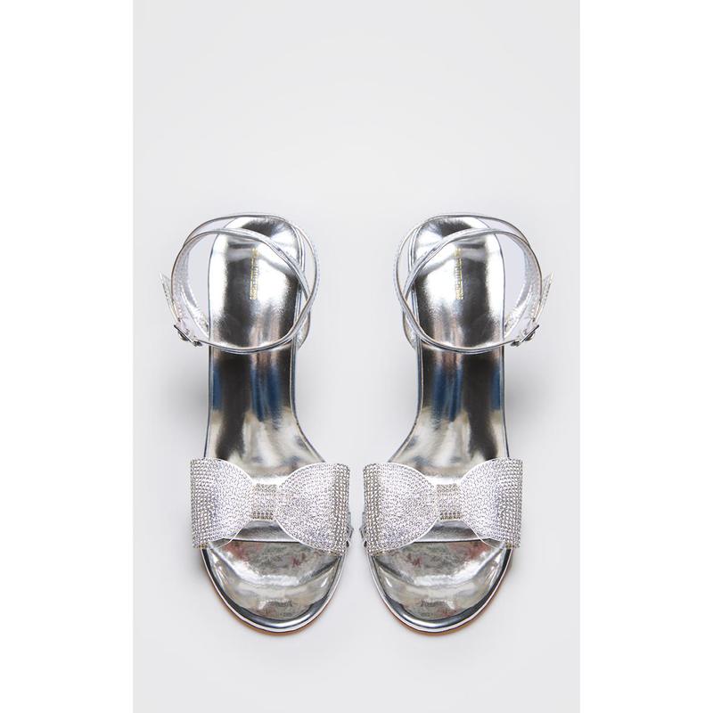 Silver PU Round Toe Diamante Bow Heeled Sandals 2