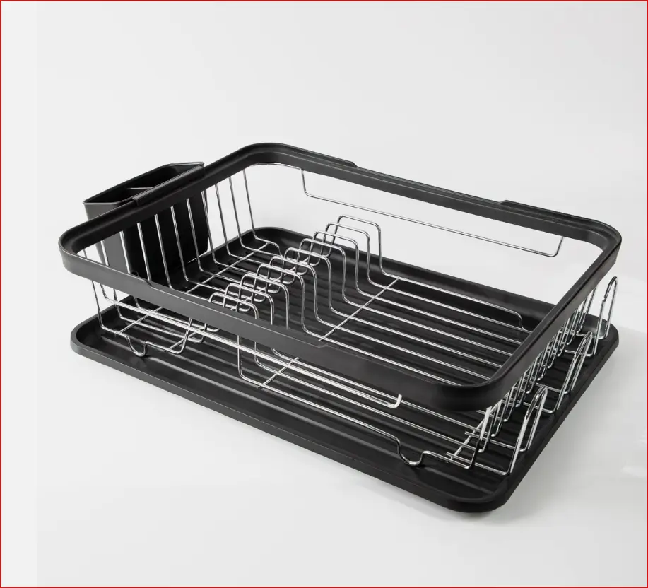 Grey and Black Kitchen Dish Drainer Rack with Plastic Drip Tray Cutlery Holder - Home Organizer