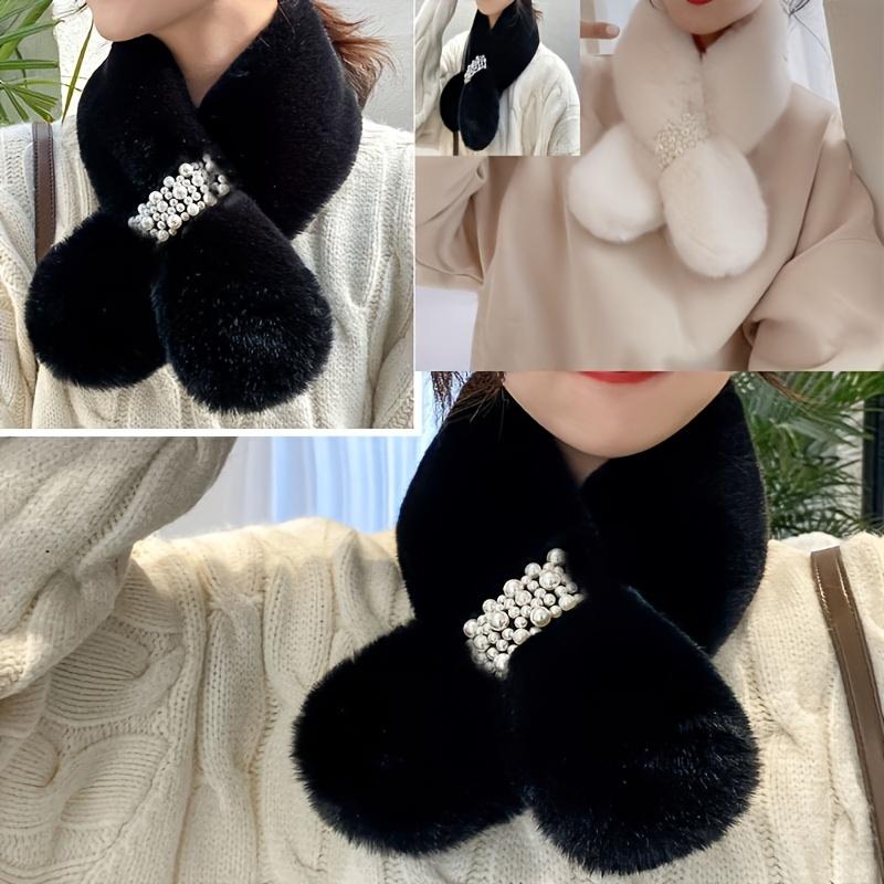 Autumn And Winter Warm Scarf Pearl Fur Neck Warm Plush Scarf Elegant Scarf Scarf Women Autumn And Winter Pearl Fur Plush Neck Imitation Rex Rabbit Fur Warm Thick Pearl Buckle Cross Versatile Christmas Valentine'S Day Holiday Gift 2