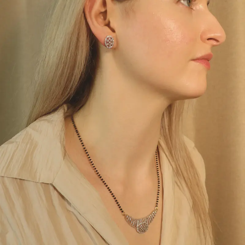 Indian Nazaria Silver Zircon Dangle Mangalsutra Black Beads Earring and Pendant Necklace 5