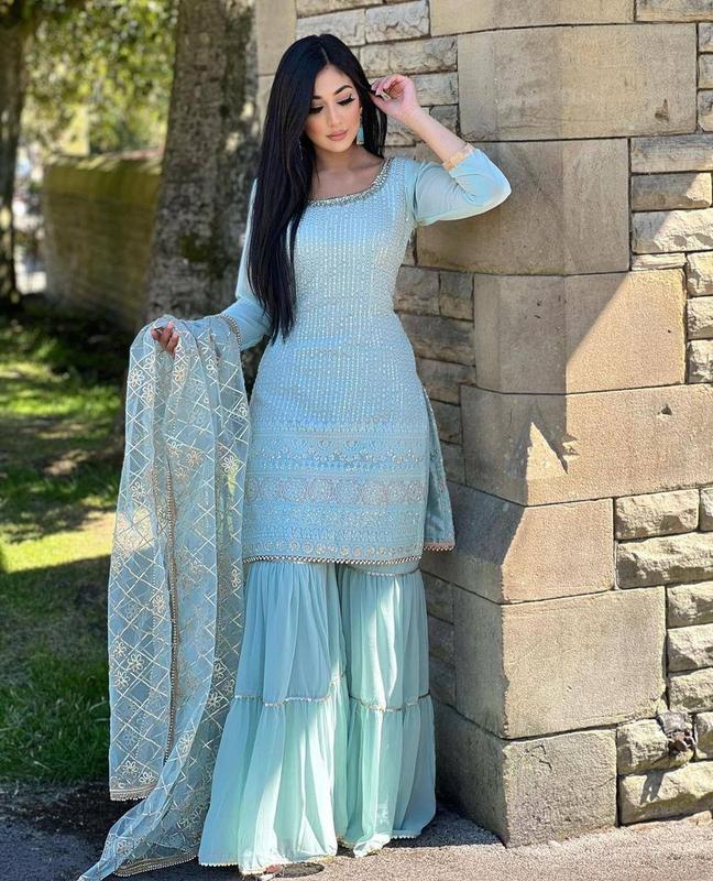 Traditional and Elegant Designer Faux Georgette Fabric Heavy Dress Plazzo with Dupatta For Women Elegance Garment 3