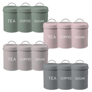 Round Tea, Sugar, Coffee Canisters 3pc Set with Lids. Decorative Kitchen Food Storage Tin for your favorite Tea bags, Sugar cubes and Coffee beans or powder