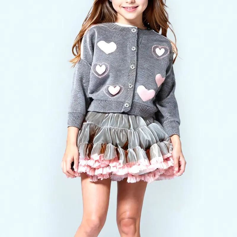 Little Girls Grey Cardigan with Pink Heart Embroidery and Tutu Skirt Set 2pcs for toddler multicoloured plain beautiful kids coord overalls girl h and m knit cute matching pink plain 2 6