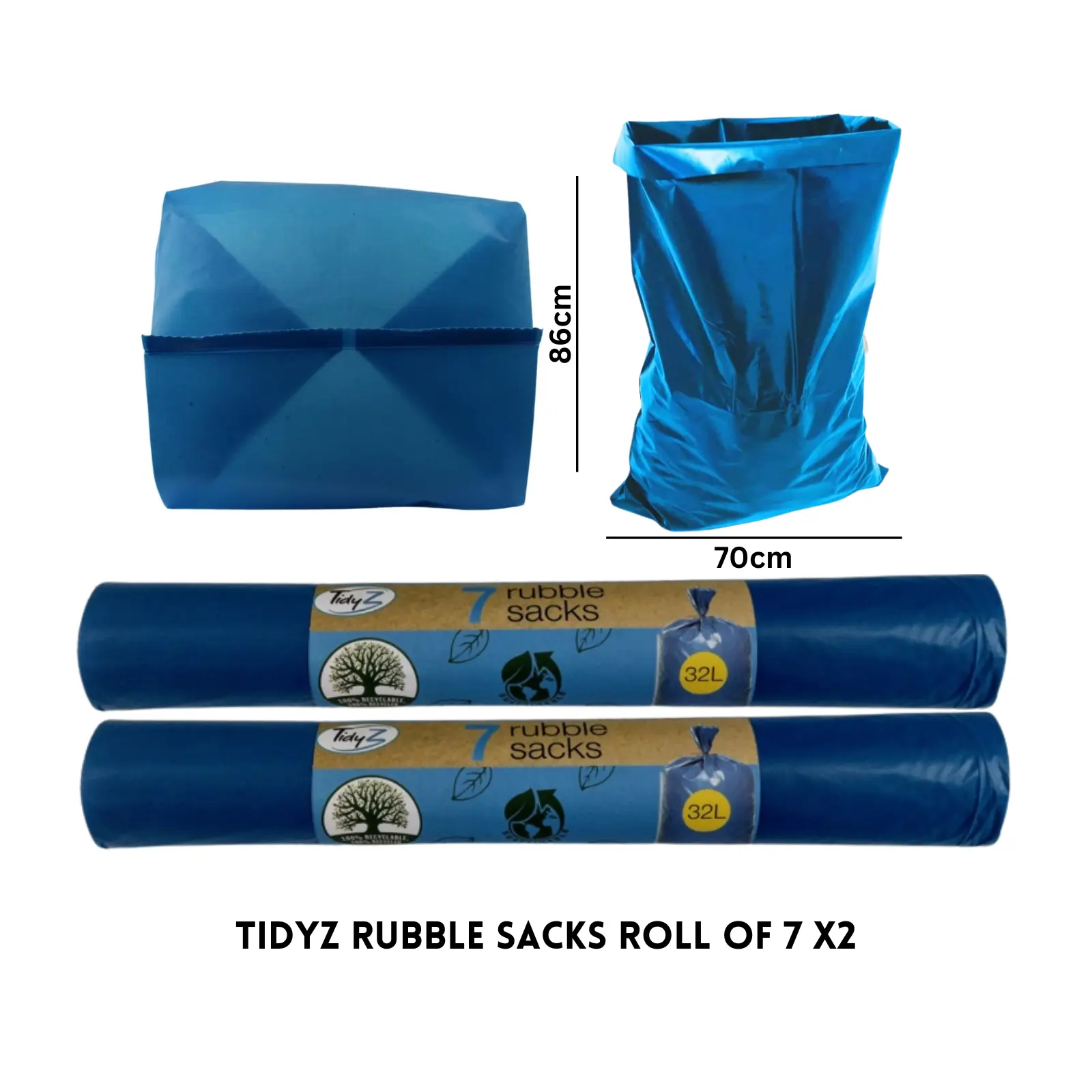 Tidyz Super Strong Heavy Duty 7 Bags of Rubble Sacks 32 Litre Capacity, Blue, (Pack of 2)